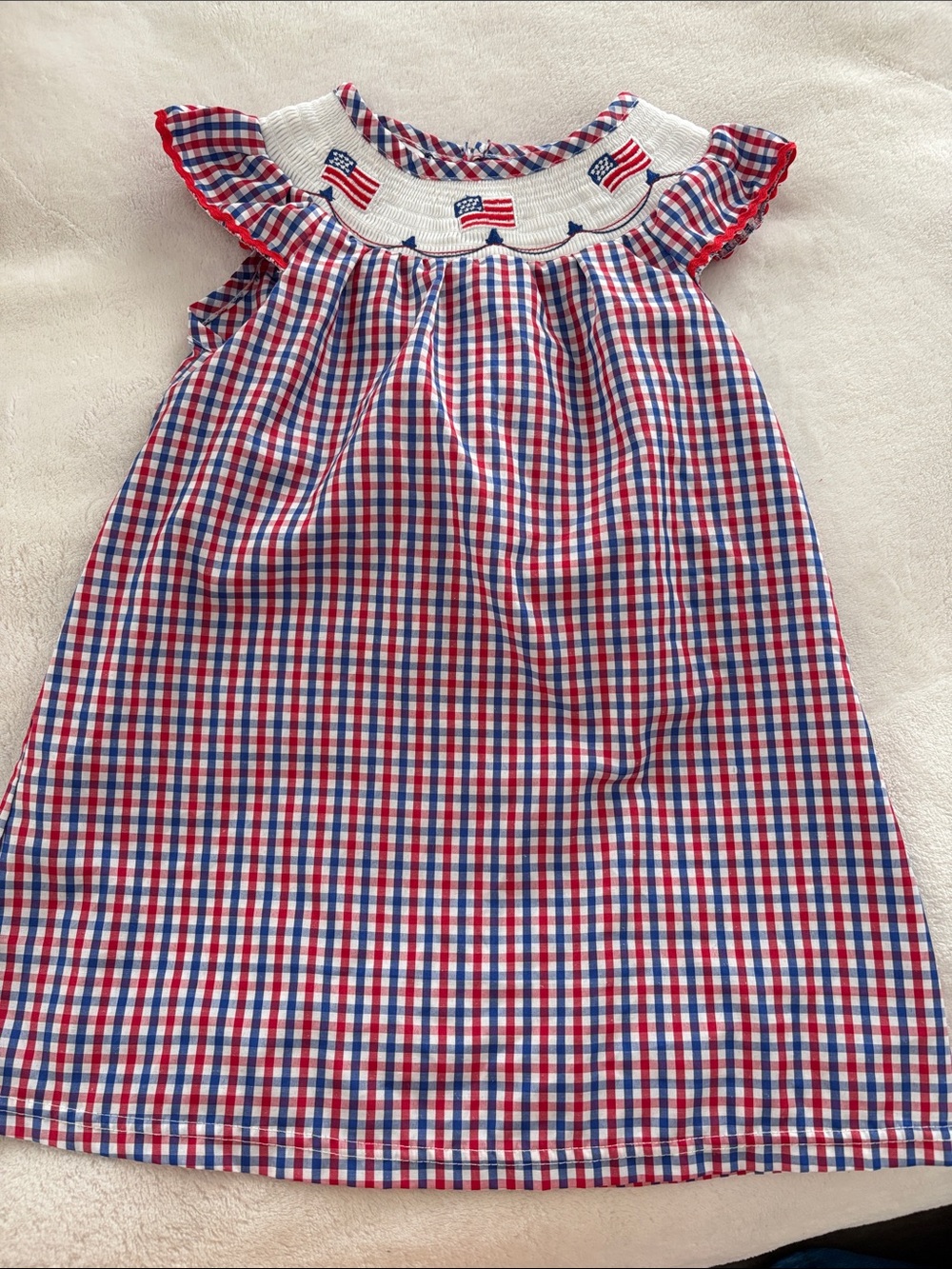 Girls Red, White & Blue Gingham Dress with Flag Smocking Size 5